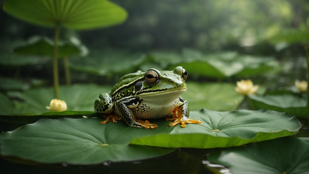 A green frog on a green lotus leaf