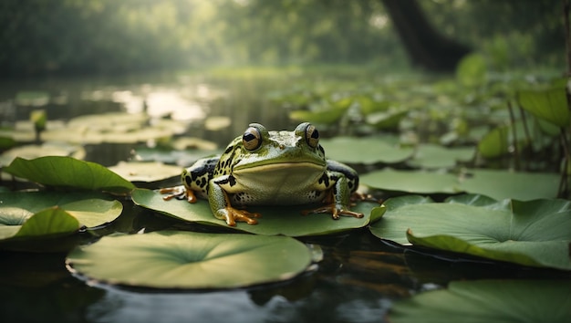 A green frog on a green lotus leaf