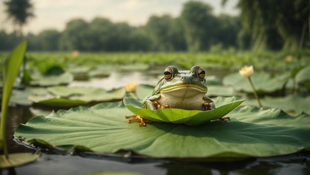 A green frog on a green lotus leaf