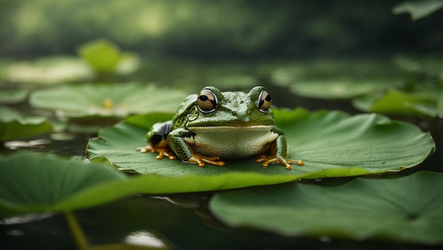 A green frog on a green lotus leaf