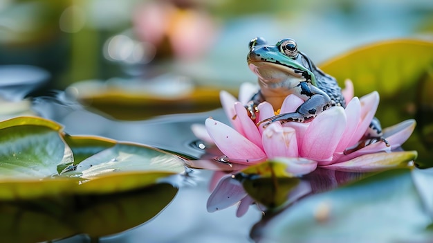 A green frog is sitting on a pink water lily pad The frog is looking at the camera The lily pad is surrounded by green leaves