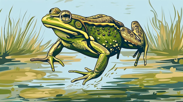 A green frog leaps across a pond with water splashing behind it