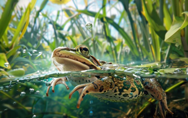 Photo green frog peeking out of water in a pond with green grass and water drops amphibian wildlife