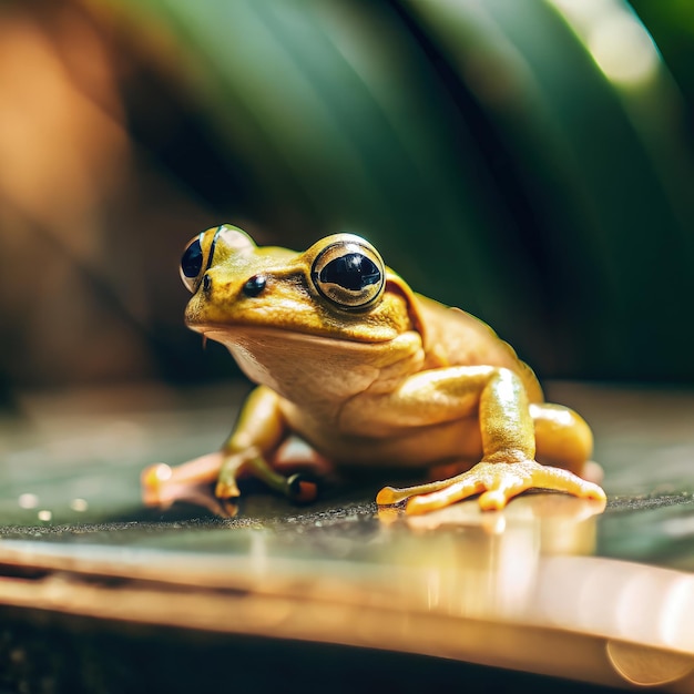 Photo a green frog perched on a leaf in a lush tropical environment during daytime generative ai