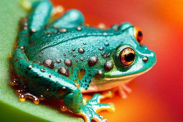 Green frog sitting on top of a leaf generative ai