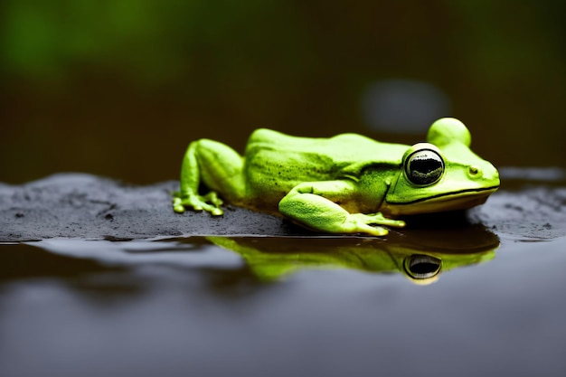 A Green Frog Sitting On Top Of A Puddle Of Water