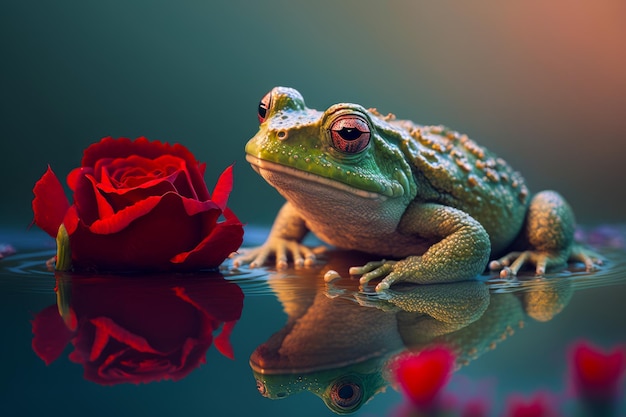 Green frog sitting on top of table next to red rose Generative AI