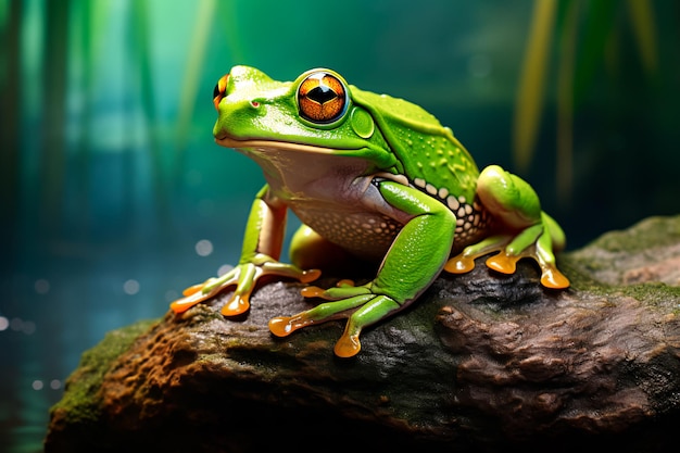 Green frog on a stone AI generated