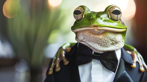 Photo a green frog wearing a black tuxedo and bowtie looking at the camera