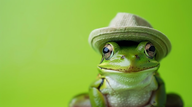 A green frog wearing a brown hat smiles for the camera