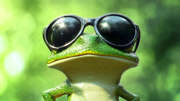 Photo a green frog wearing glasses on a green background