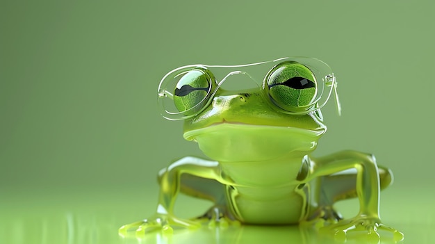 Photo green frog wearing glasses on green background