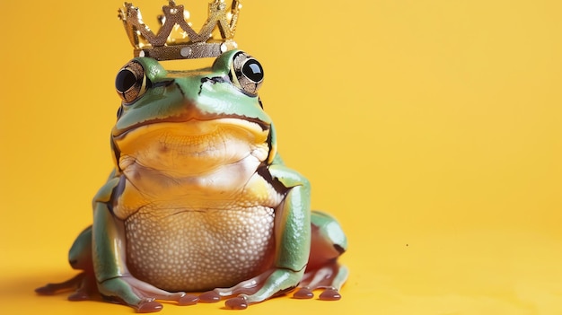 A green frog wearing a golden crown sits on a yellow background