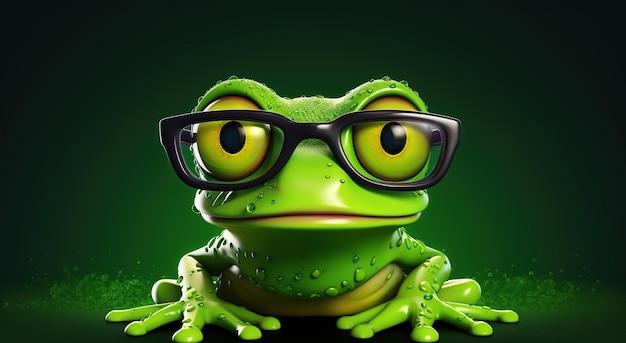 Green frog with big eyes and glasses Wet toad with water droplets on a green background