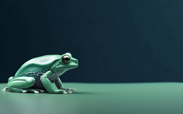 A green frog with a black eye and a black eye sits on a green surface.