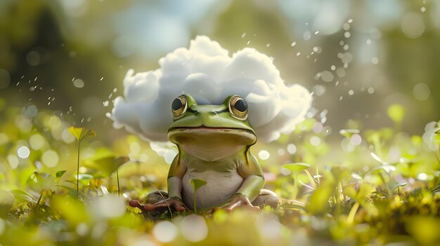 Photo a green frog with a black eye sits on a white flower in the grass while a white and yellow frog looks on