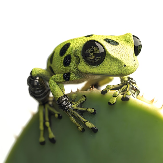 a green frog with a black eye and a yellow dot on its back