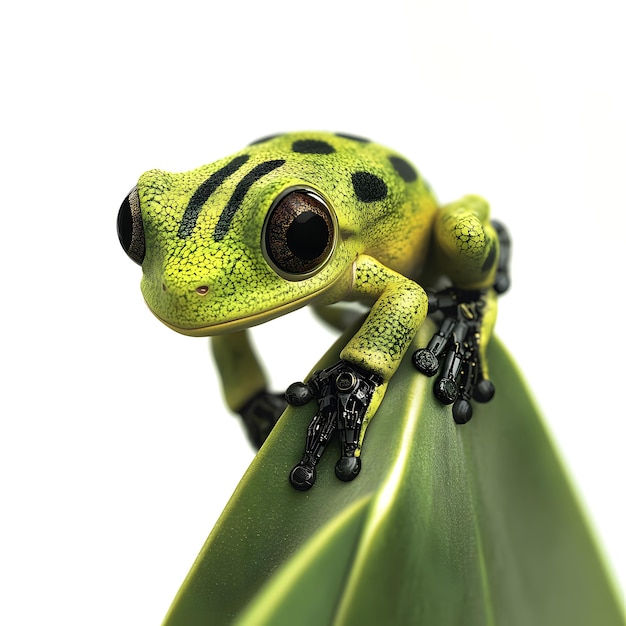 a green frog with a black spot on its head