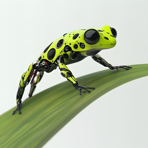 Photo a green frog with black spots is standing on a leaf