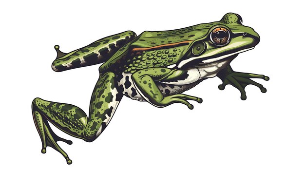 A green frog with black spots sitting on a white background