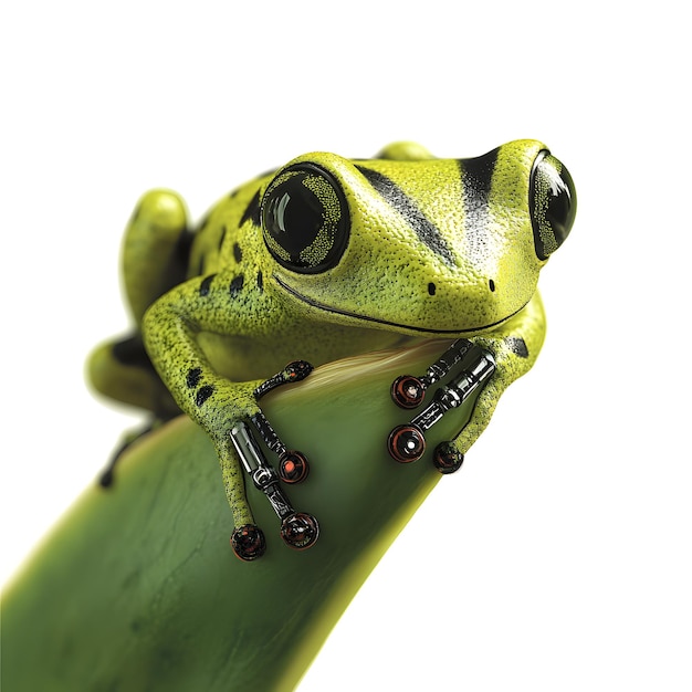 a green frog with a black and white markings on its face