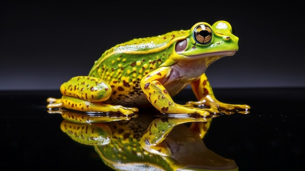 A green frog with brown spots is standing on a black surface