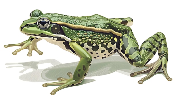 A green frog with brown stripes and spots sits on a white background