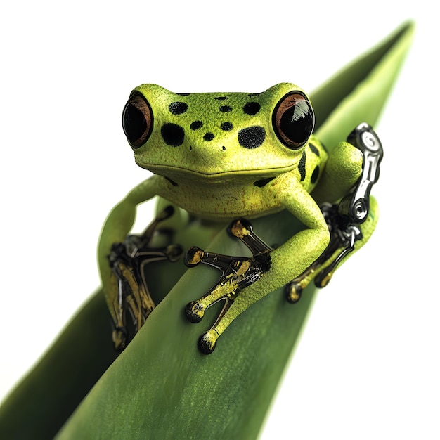 a green frog with a chain around its neck is sitting on a plant