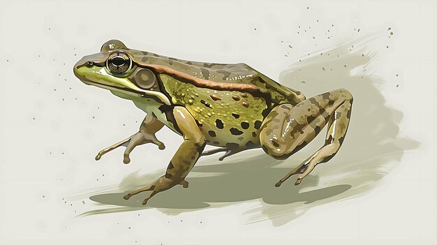 A green frog with dark spots on a white background