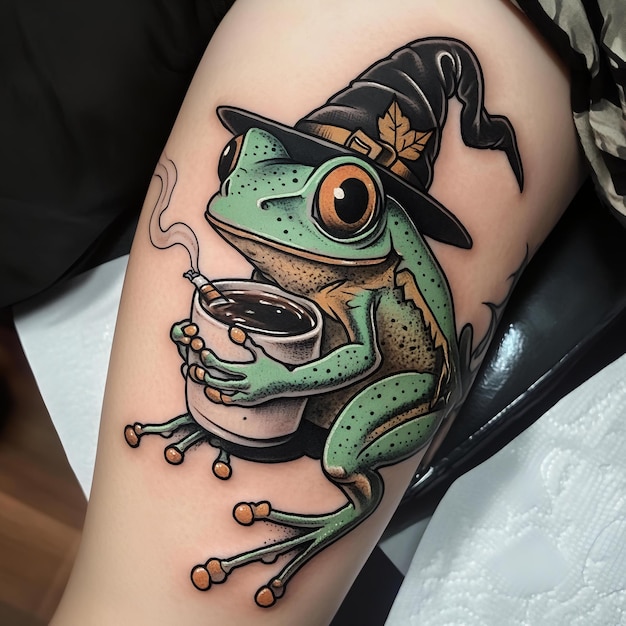 Photo a green frog with a hat on the arm of a woman with a hat on