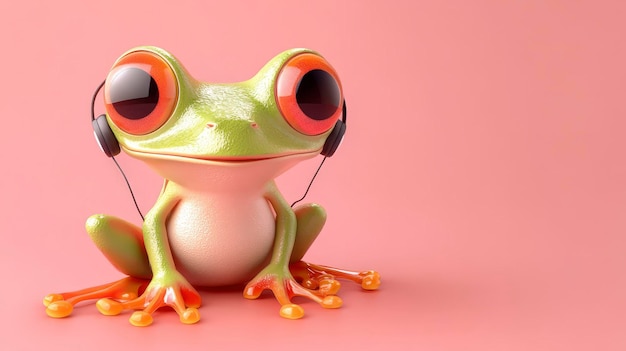 Photo a green frog with large eyes sits on a pink background wearing headphones