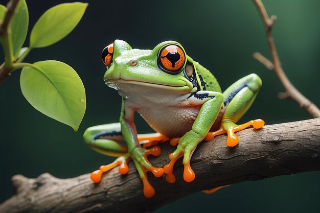 A green frog with orange eyes is sitting on a branch