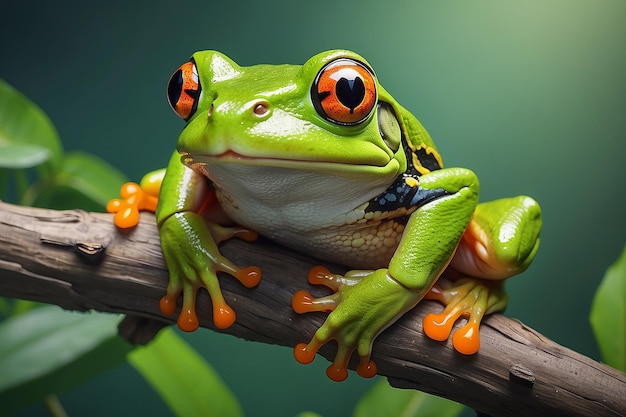 A green frog with orange eyes is sitting on a branch