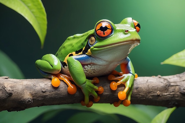 A green frog with orange eyes is sitting on a branch