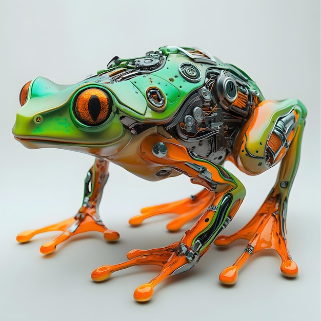 a green frog with orange and green body and orange feet