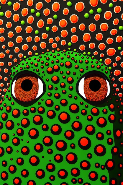 Photo a green frog with orange and red dots is shown.