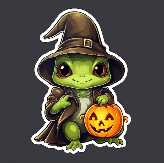 a green frog with a pumpkin on his head