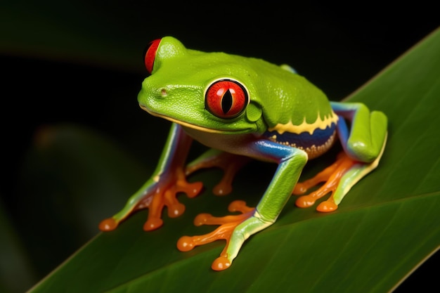 A green frog with a red eye sits on a leaf.