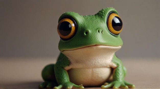 a green frog with yellow eyes and a black eye