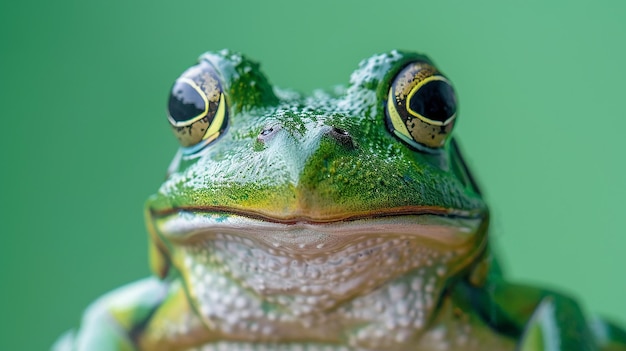 Photo a green frog with yellow eyes and a green background