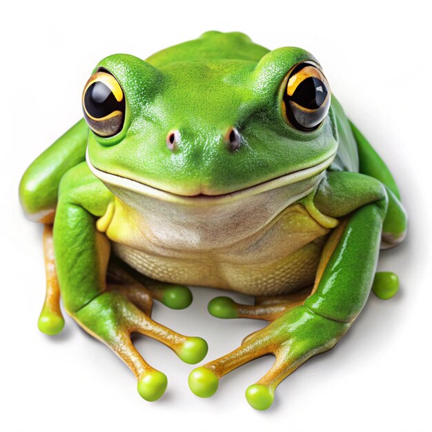 Photo a green frog with yellow eyes sits on a white background