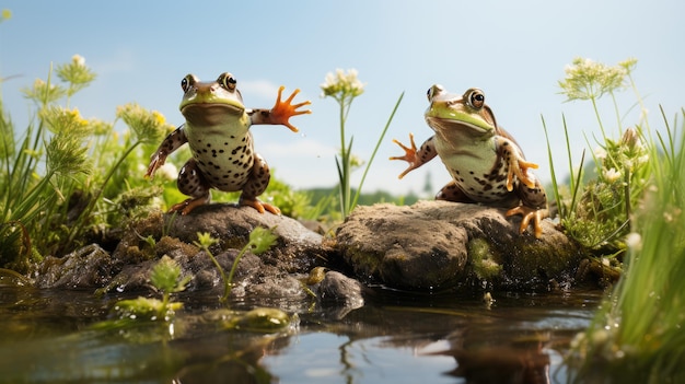 Green frogs are jumping towards the pond