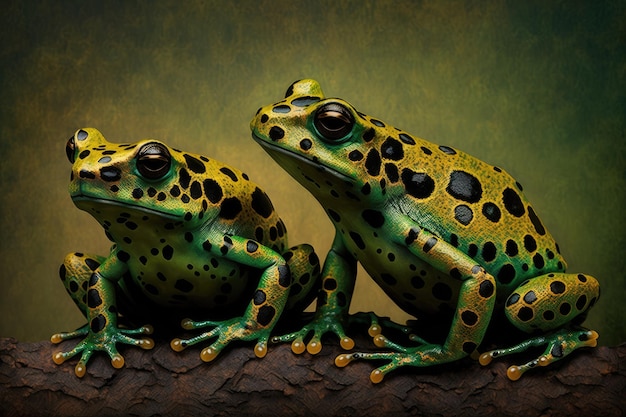 Green frogs with dark spots on skin on green background created with generative ai