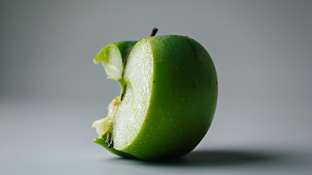 a green fruit with a bite taken out of it