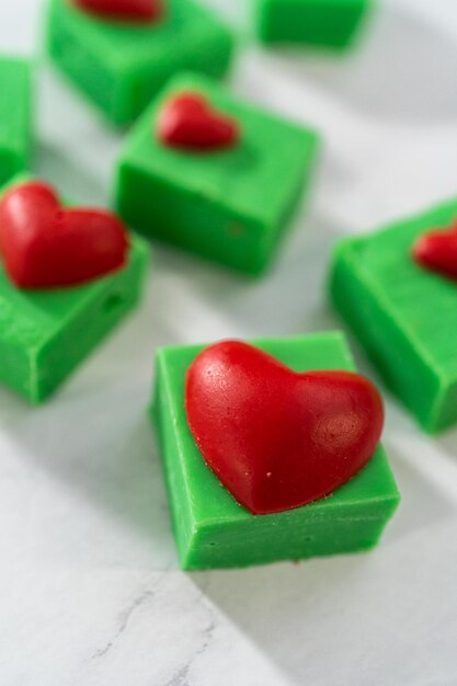 Green fudge with red hearts