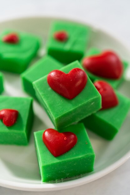 Green fudge with red hearts