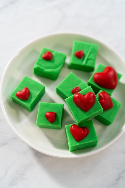 Green fudge with red hearts