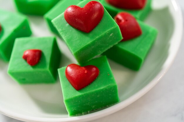 Green fudge with red hearts