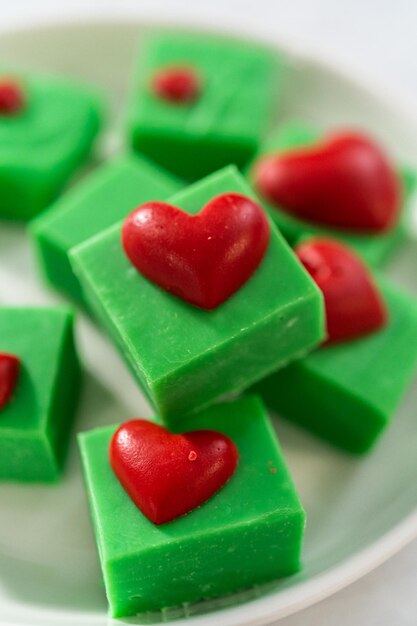 Green fudge with red hearts