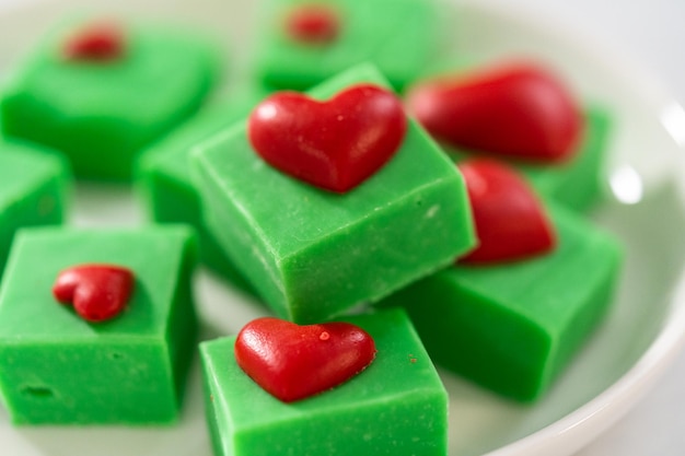 Green fudge with red hearts